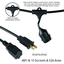 Load image into Gallery viewer, built-in loops black wire with 15 sockets 48ft long and E26 base
